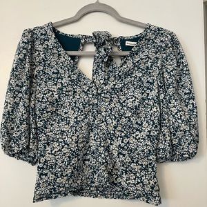 blue floral blouse with tie back